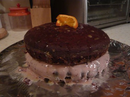 Chocolate Chip Chocolate Cake With Raspberry Cream Filling and Orange Almond Drizzle