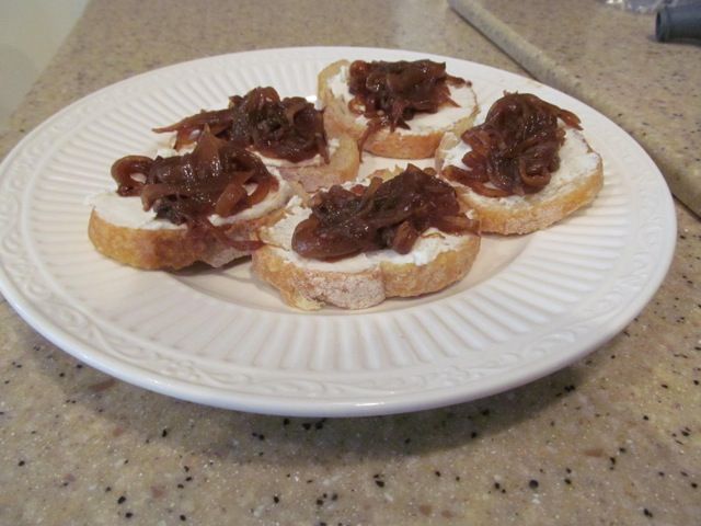 Goat-Ricotta Crostini with Spicy Onion & Garlic Jam