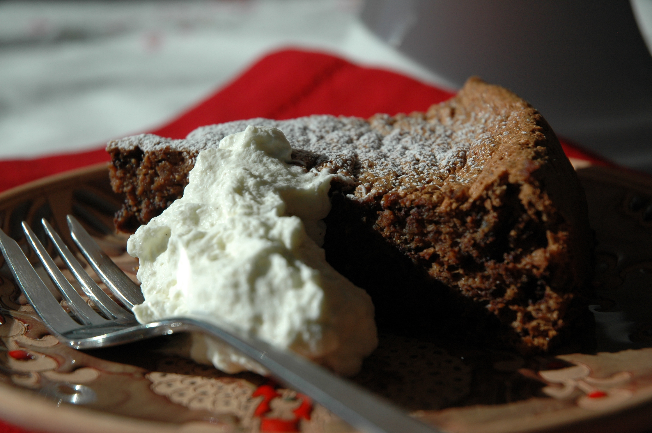 Chocolate Walnut Fig Cake with Grappa and Cardamom Cream