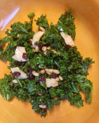 Sweet and Sour Pine-Nutty Kale Salad with Balsamic Vinegar & Currants