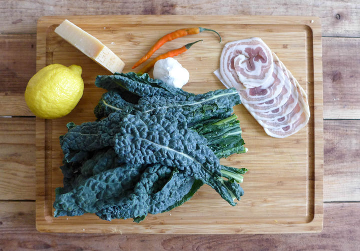 Spaghetti with Lacinato Kale, Pancetta, and Poached Egg recipe on