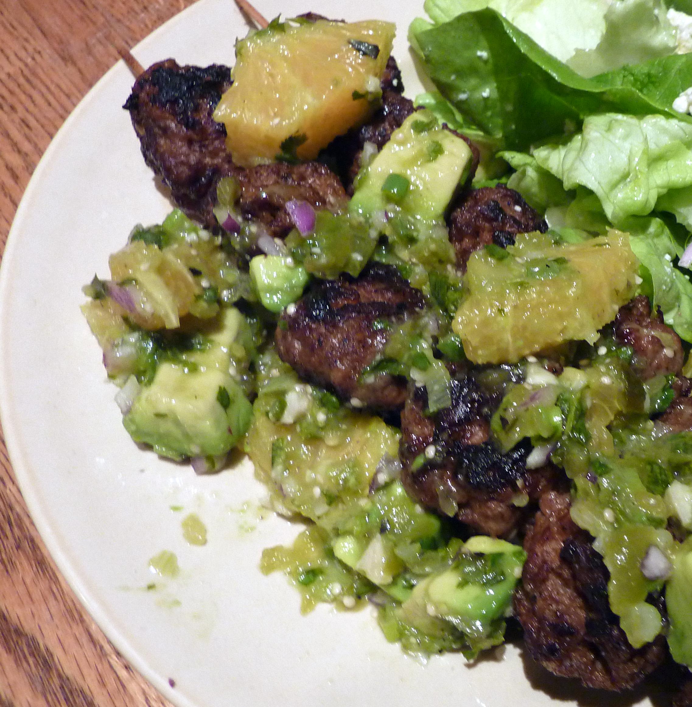 Spicy Ginger Pork Skewers with Clementine Feta Salsa