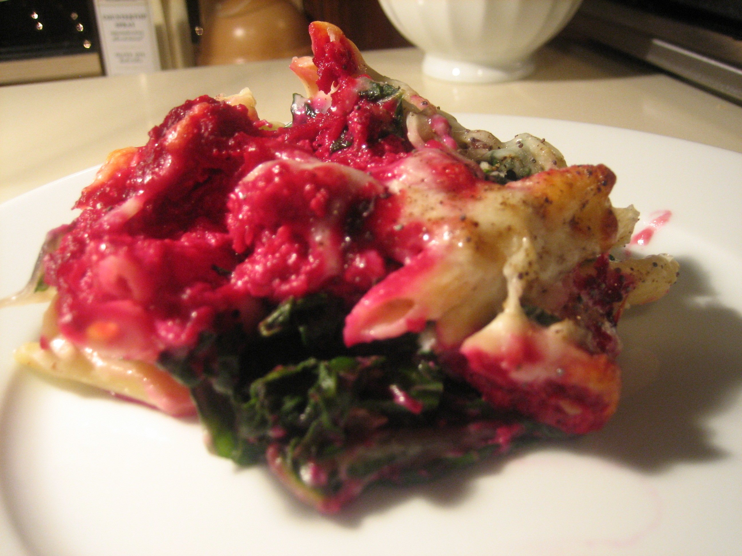 Penne with Beet Ricotta, Swiss Chard, and Walnut Bechamel