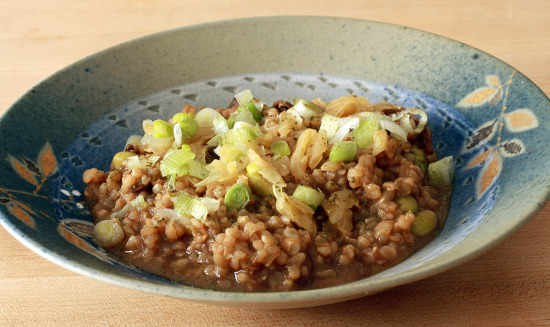 Okayu with Edamame, Porcinis, and Matcha Salt