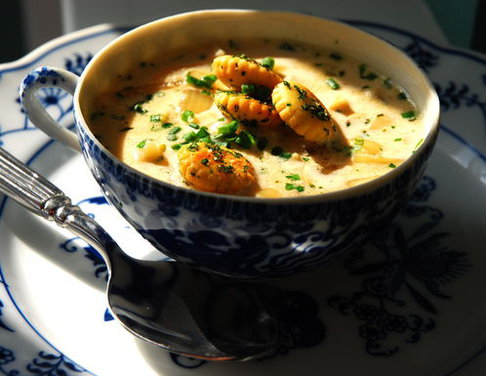 Three Onion Chowder with Parsleyed Oyster Crackers