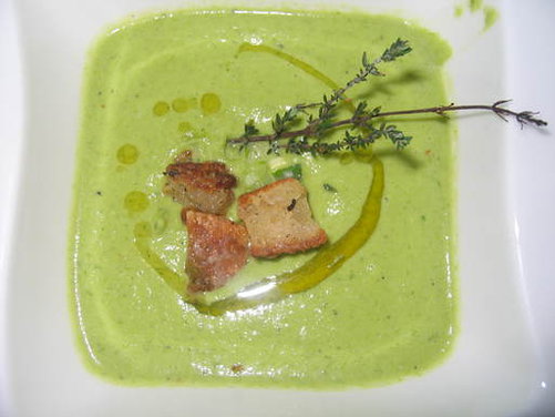 Asparagus & Green Garlic Soup w/ Parmesan Croutons