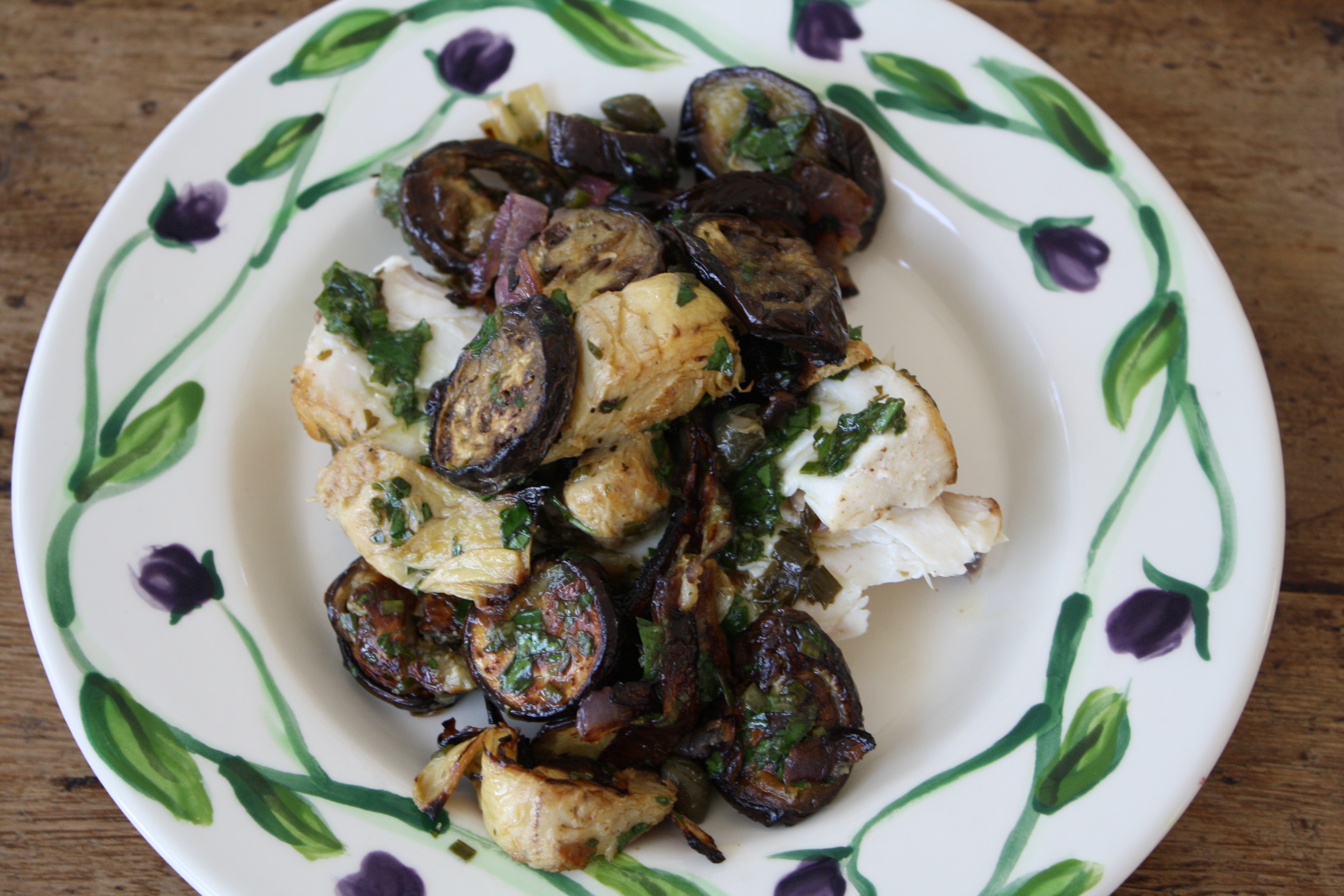 Roasted Eggplant with Artichoke Hearts and Salsa Verde