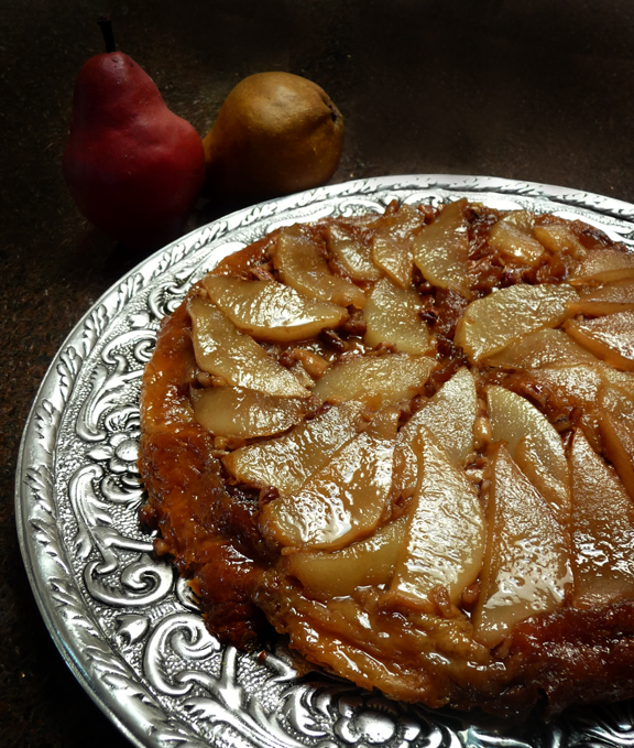 Upside Down Bread Pudding with Carmelized Pears and Brandied Custard Sauce
