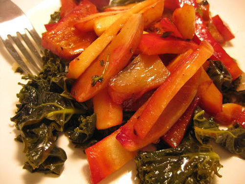 Roasted Roots and Tubers over Lemony Braised Kale