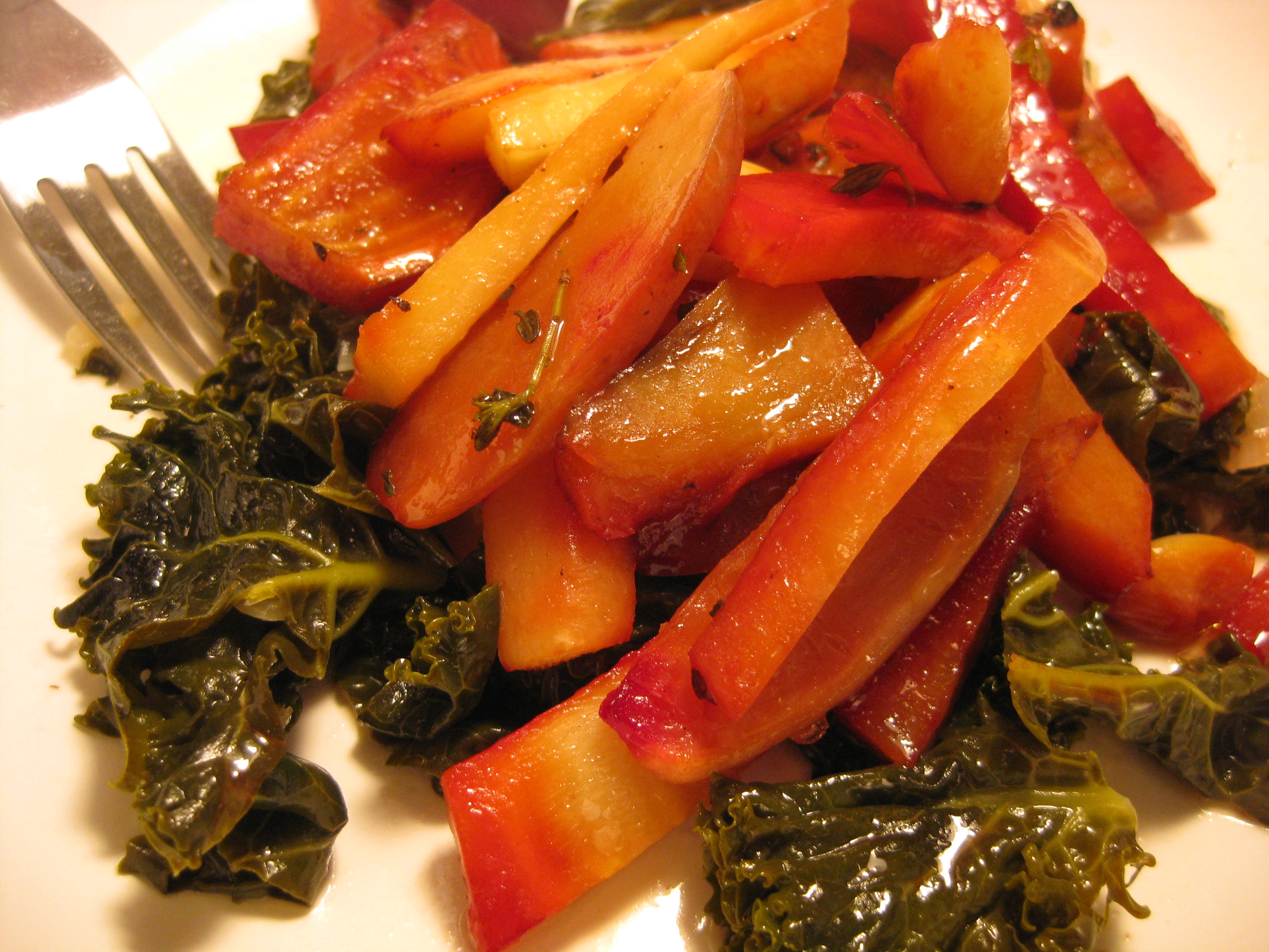 Roasted Roots and Tubers over Lemony Braised Kale