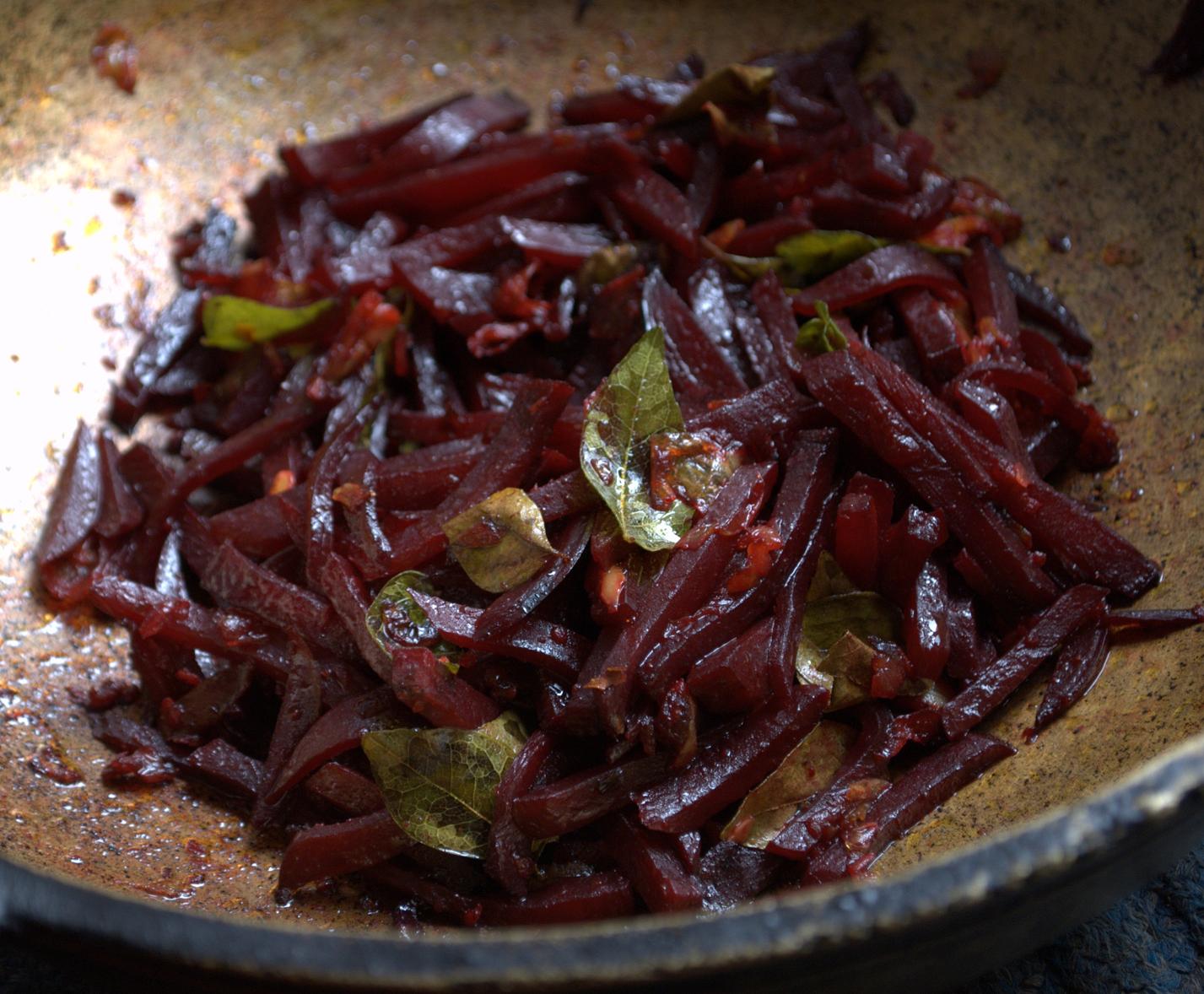 Beets ularthu (Beet root  stir fried in onion garlic seasoning)
