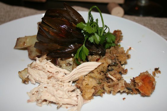 Roasted Stuffed Chicken with Herb Butter, Potatoes and Onions