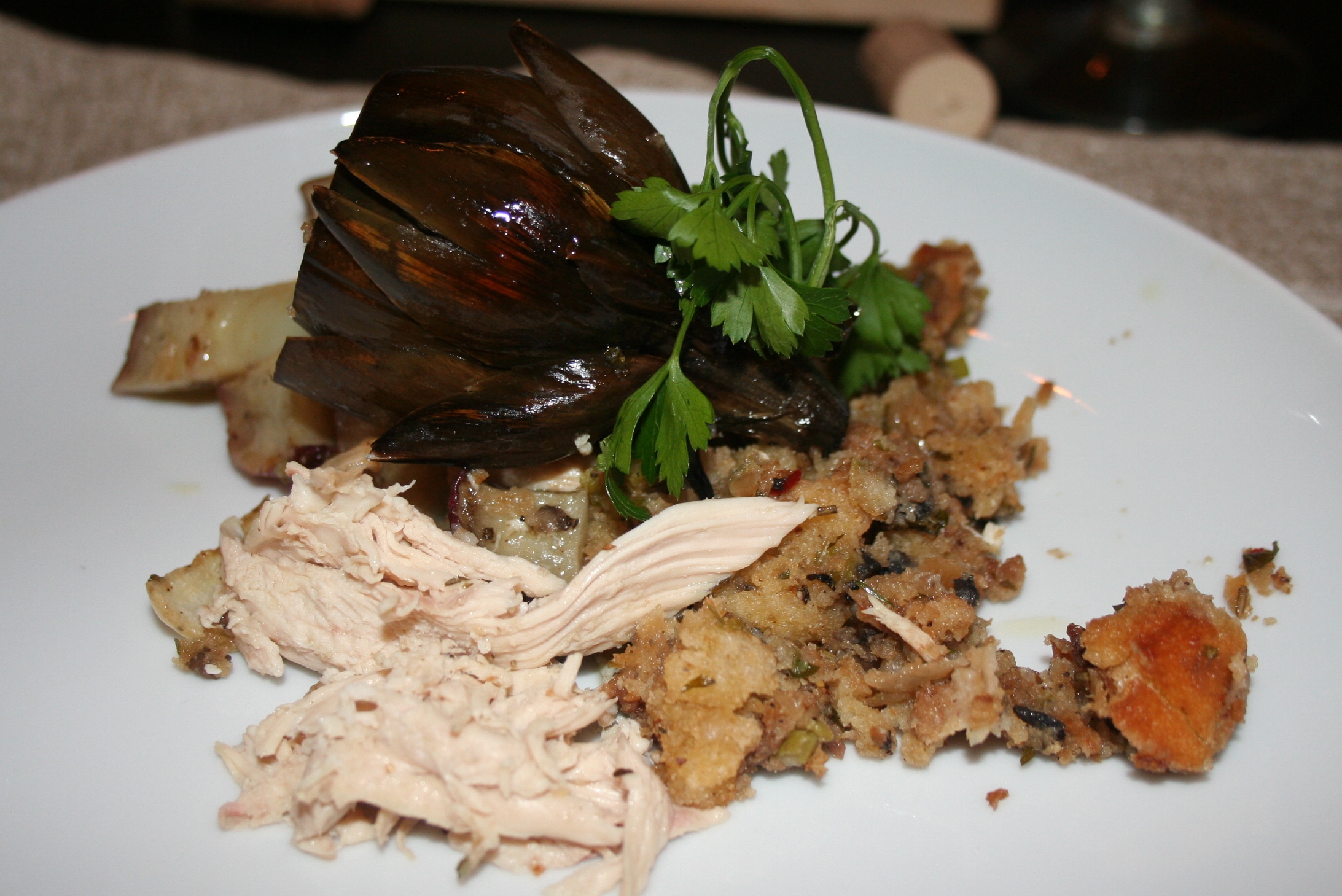Roasted Stuffed Chicken with Herb Butter, Potatoes and Onions