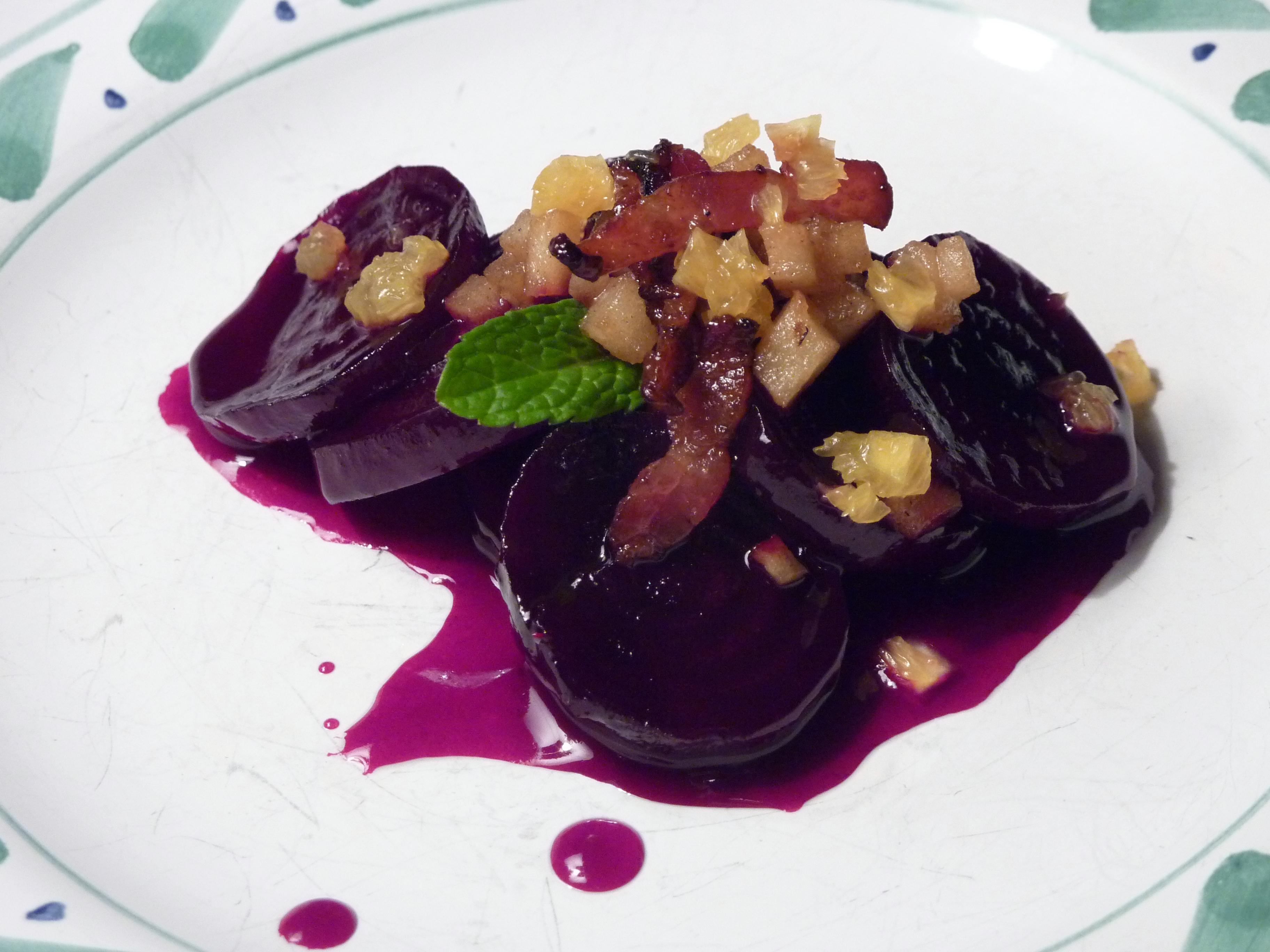 Mapled Beets with Apple-Orange Salsa and Bacon Lardons