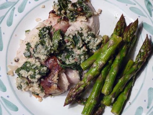 Tuscan Roasted Chicken Stuffed wtih Swiss Chard Couscous and Cheese 