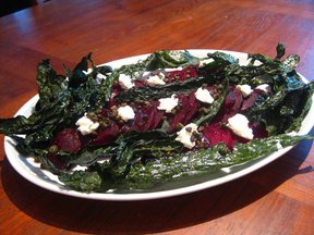 Beet salad with white cheese, fried capers and kale chips