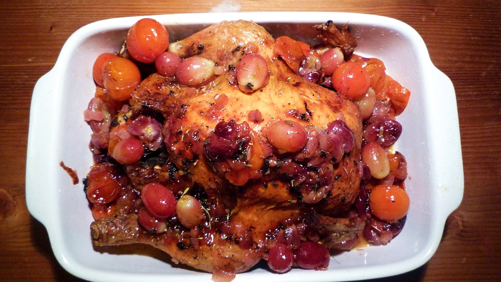 Delicious Roast Chicken with Muscat grapes and white wine