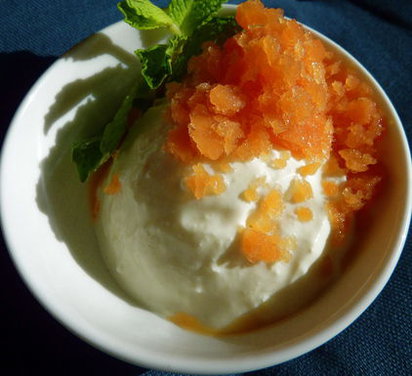 Feta Frozen Yogurt with Blood Orange and Mint Granita!
