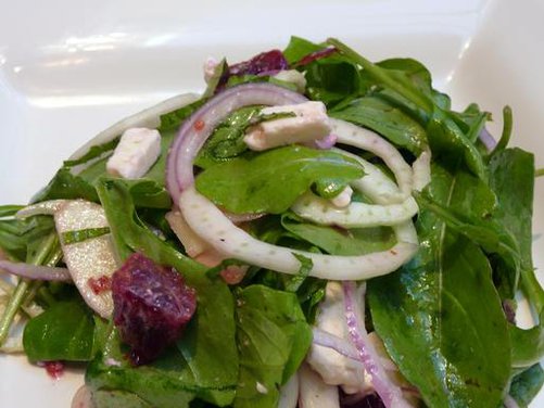Apple and Fennel Salad with Blood Oranges, Feta, Mint Chiffonade and Honeyed Walnuts 