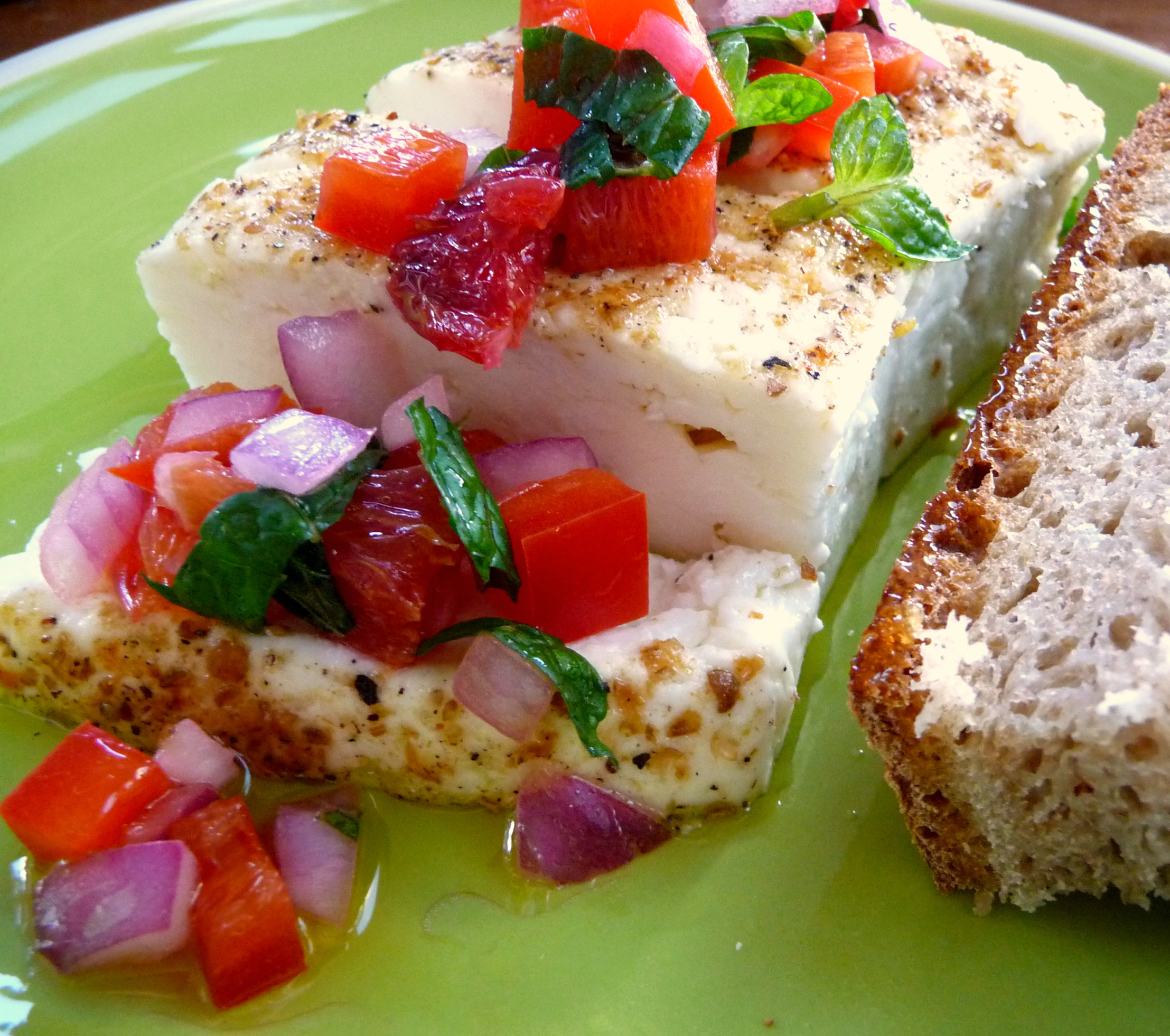 Grilled Feta with Blood Orange, Red Pepper and Mint Salsa