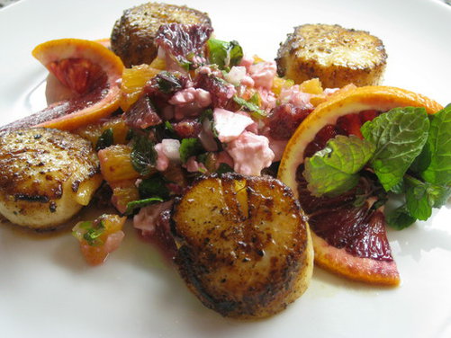 Seared Scallops with Blood Orange, Mint and Feta Salsa