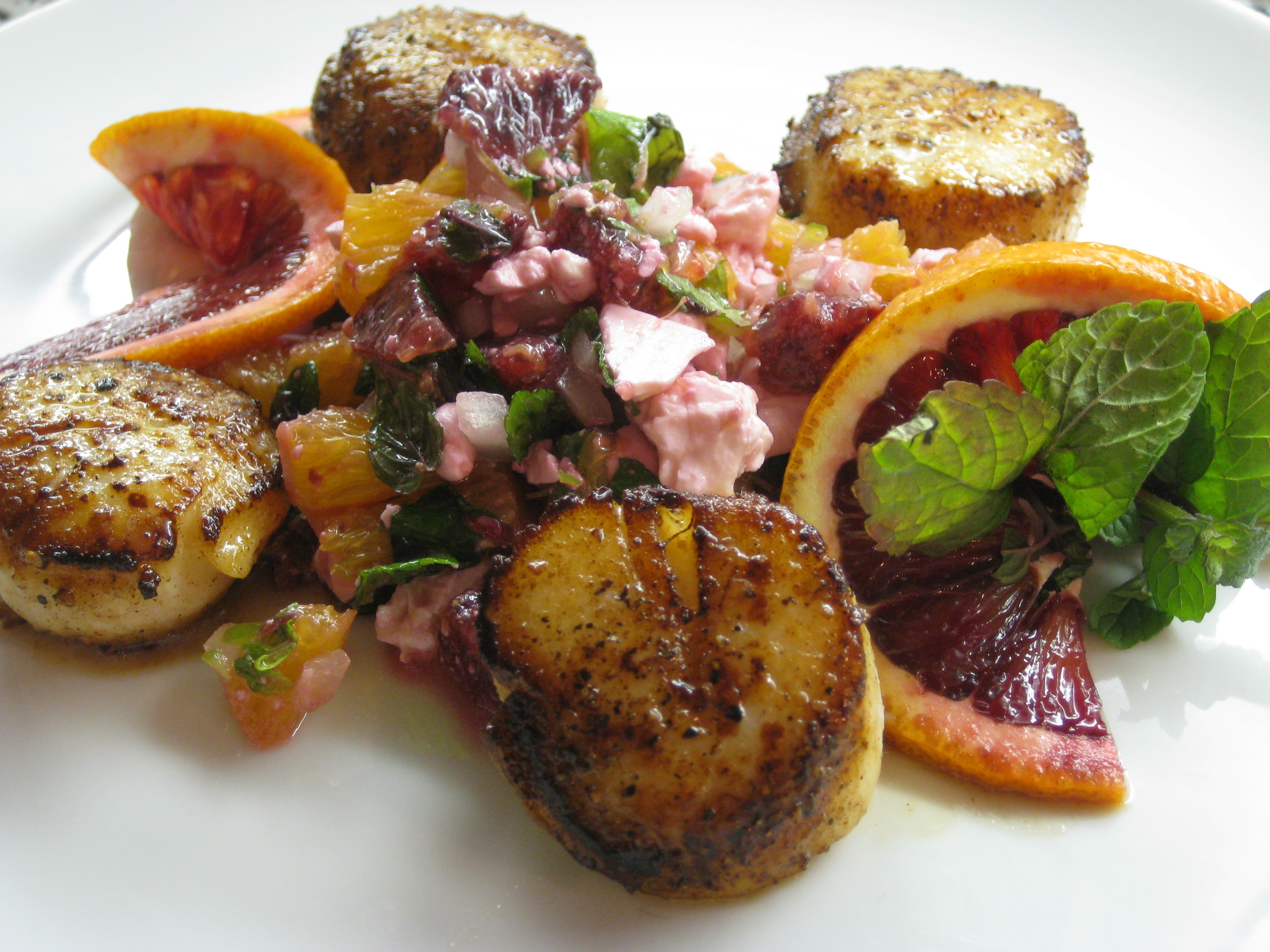 Seared Scallops with Blood Orange, Mint and Feta Salsa