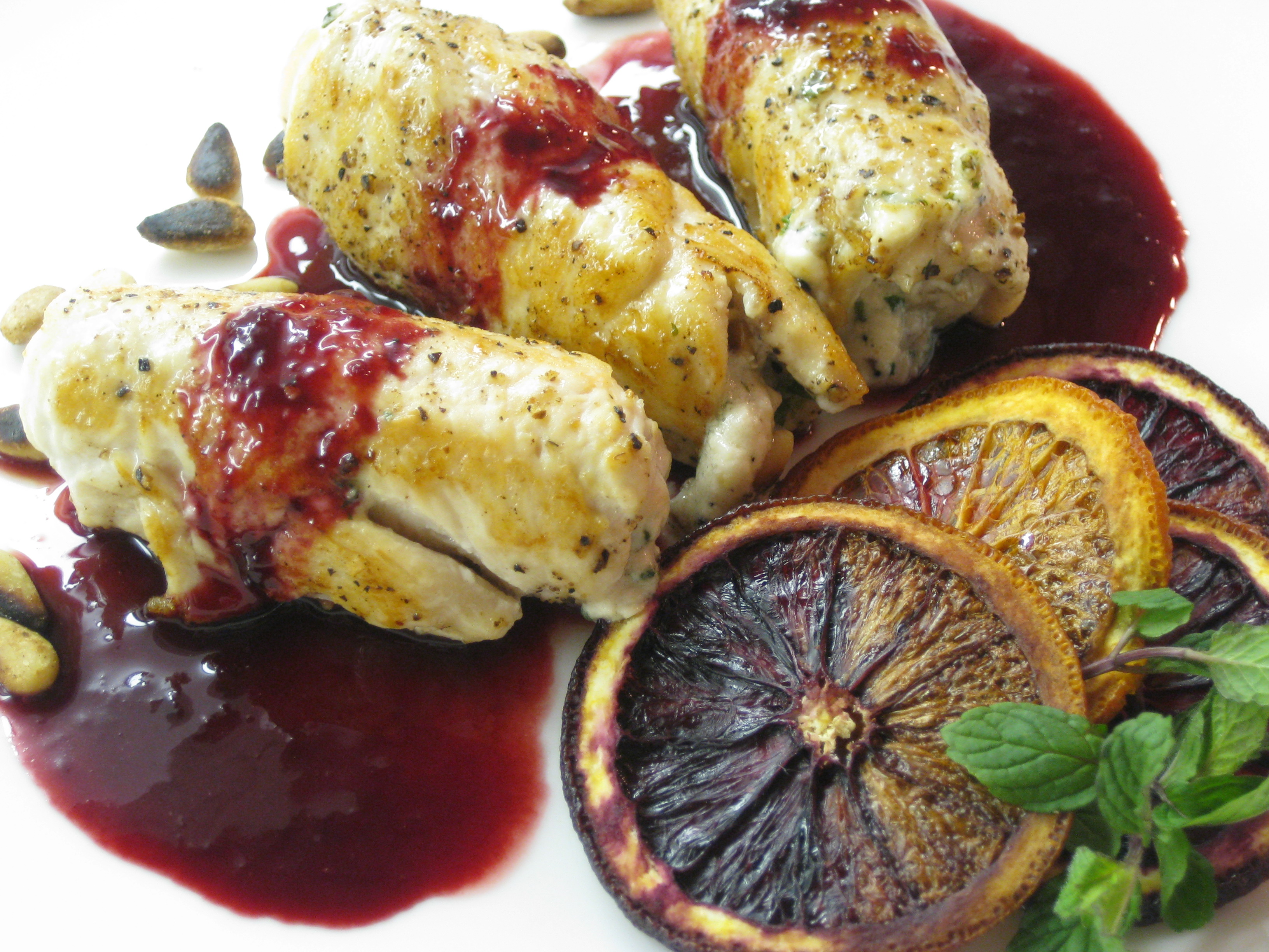 Chicken, feta, and mint roulade with a blood orange reduction