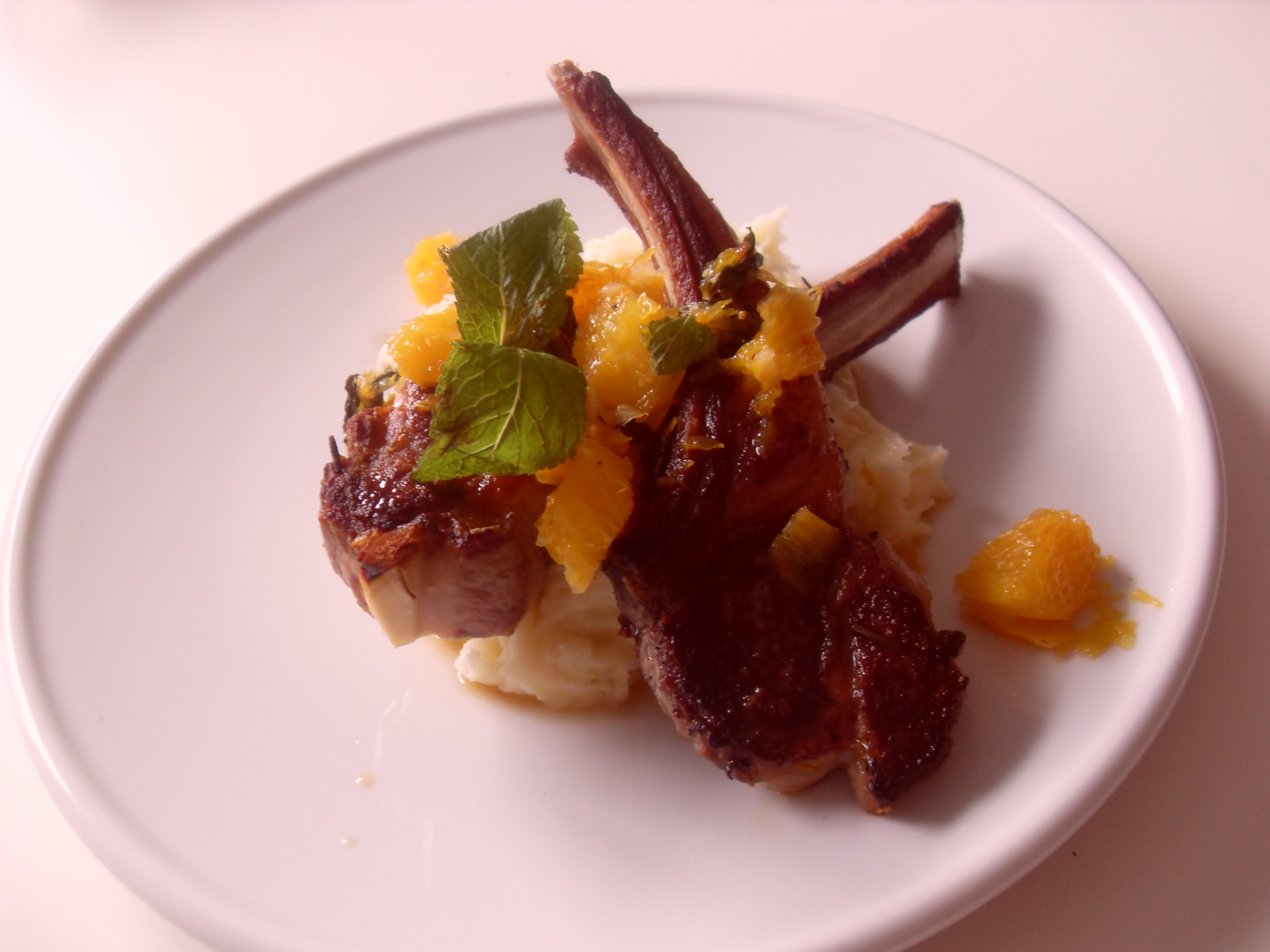 lamb chops with blood orange and mint compote and feta mash potatos