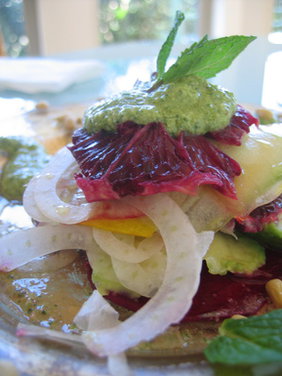 Raw Blood Orange Cucumber Composed Salad w/ Bulgarian Feta, Pine Nut & Mint Pesto