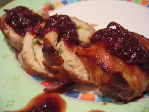 Proscuttio Wrapped Chicken Stuffed w/ Feta & Mint -- Doused in a 3-Day Blood Orange Reduction