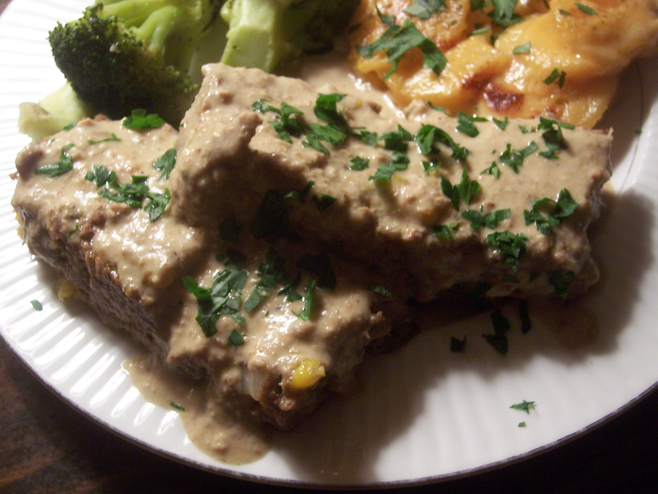 South West Meatloaf with Green Chile Herb Pepita Cream Sauce