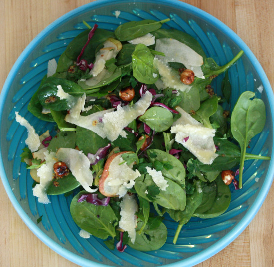 Baby Spinach Salad with Toasted Hazelnuts, Pear, and Parmesan