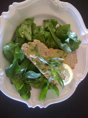Veal and Anchovy Meatloaf (shown on a bed of arugula w/ lemon tarragon vinaigrette)