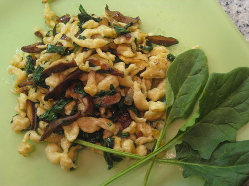 Mustard Spaetzle with Sauteed Spinach, Sweet Onions and Shitake Mushrooms