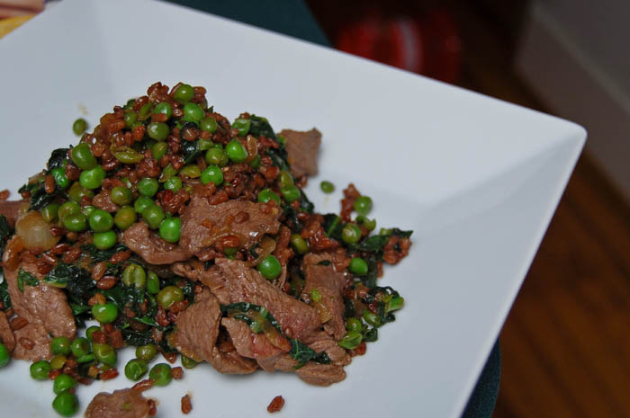 Sirloin Steak with Stir Fried Peas & Red Rice