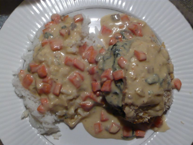 Spinach Stuffed Spicy Panko Crusted Pork Chops with Creamy Rustic Pan Sauce