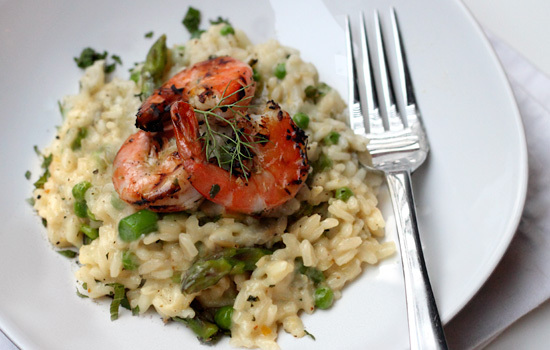 Preserved Lemon and Spring Vegetable Risotto with Grilled Pernod Shrimp