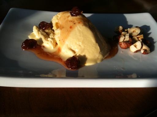 Saffron Semifreddo with Cherry-Cardamom Syrup and Salted Honey-Hazelnuts