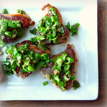 Lamb Loin Chops with Lemon Mint Salsa Verde and Flageolets