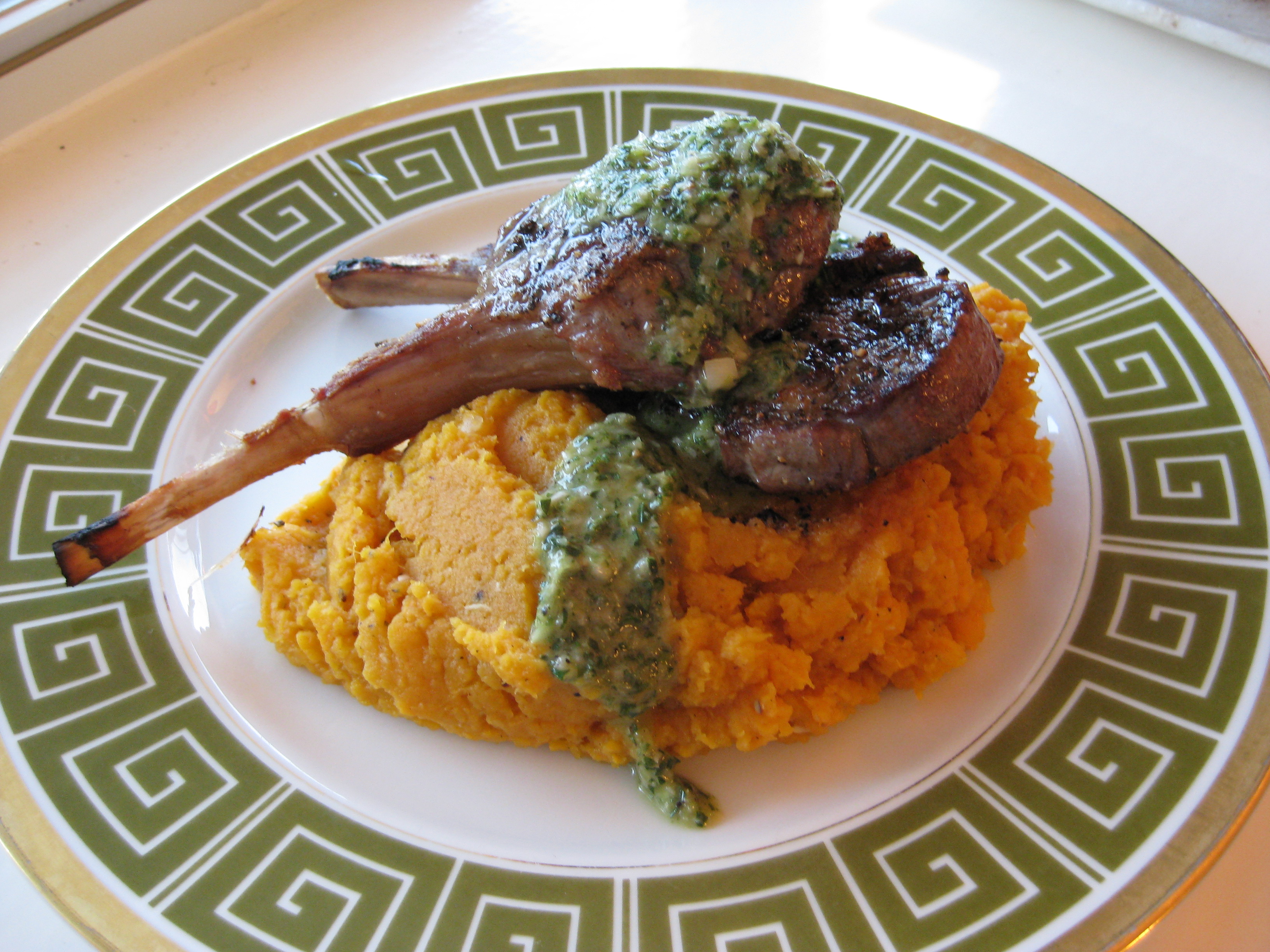 Grilled Lamb Chops with Green Garlic Chimichurri and Mashed Sweet Potatoes