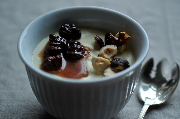 Saffron Semifreddo with Cherry-Cardamom Syrup and Salted Honey-Hazelnuts