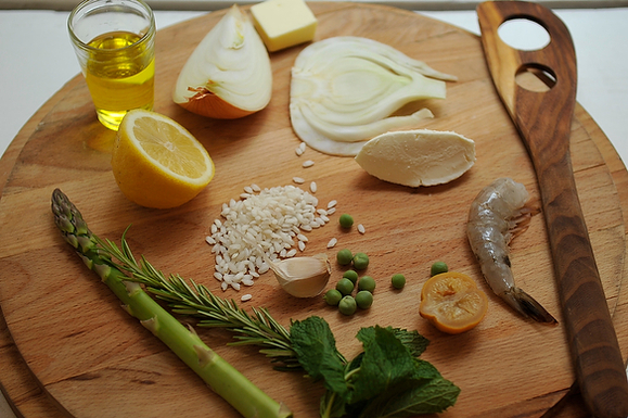Preserved Lemon and Spring Vegetable Risotto with Grilled Pernod Shrimp