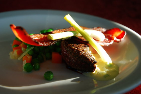 Lambs Liver with Pickled Spring Onions, Speck with Peas & Carrots