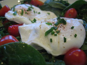 Poached Eggs over Baby Spinach w/ Chives and Cherry Tomatoes