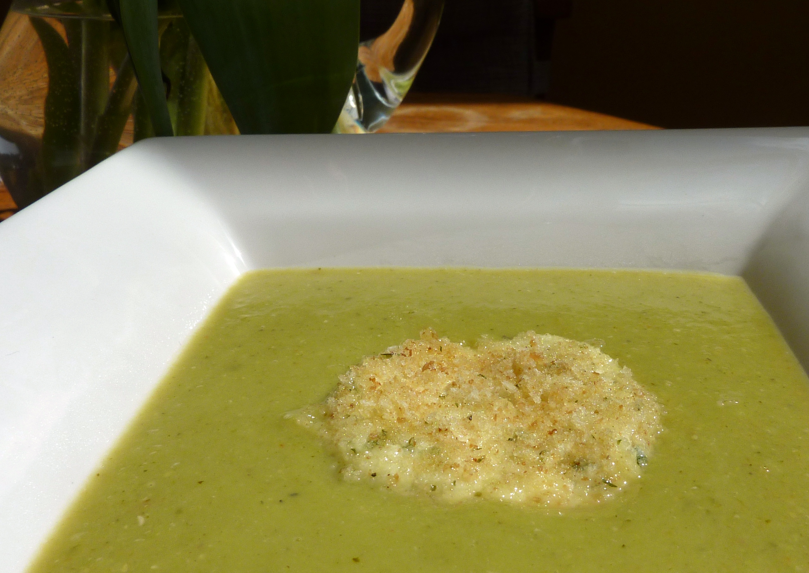 Spring Asparagus Soup with Warm Herbed Chevre Crouton