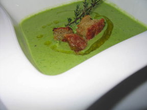 Asparagus, Thyme & Garlic Soup w/ Parmesan Croutons
