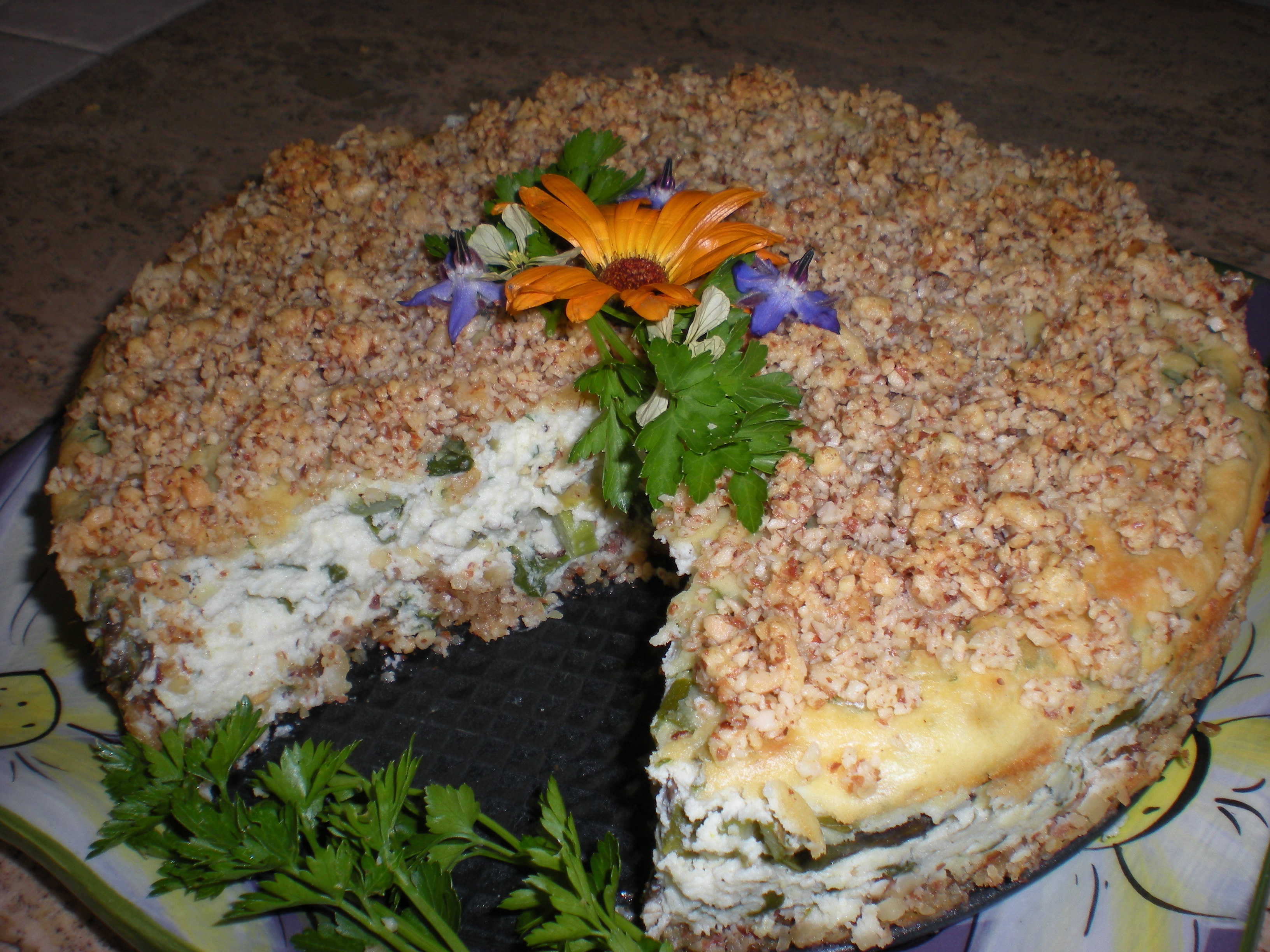 Savory Asparagus Ricotta Cheesecake with Almond Swiss Cheese Crust and Topping.