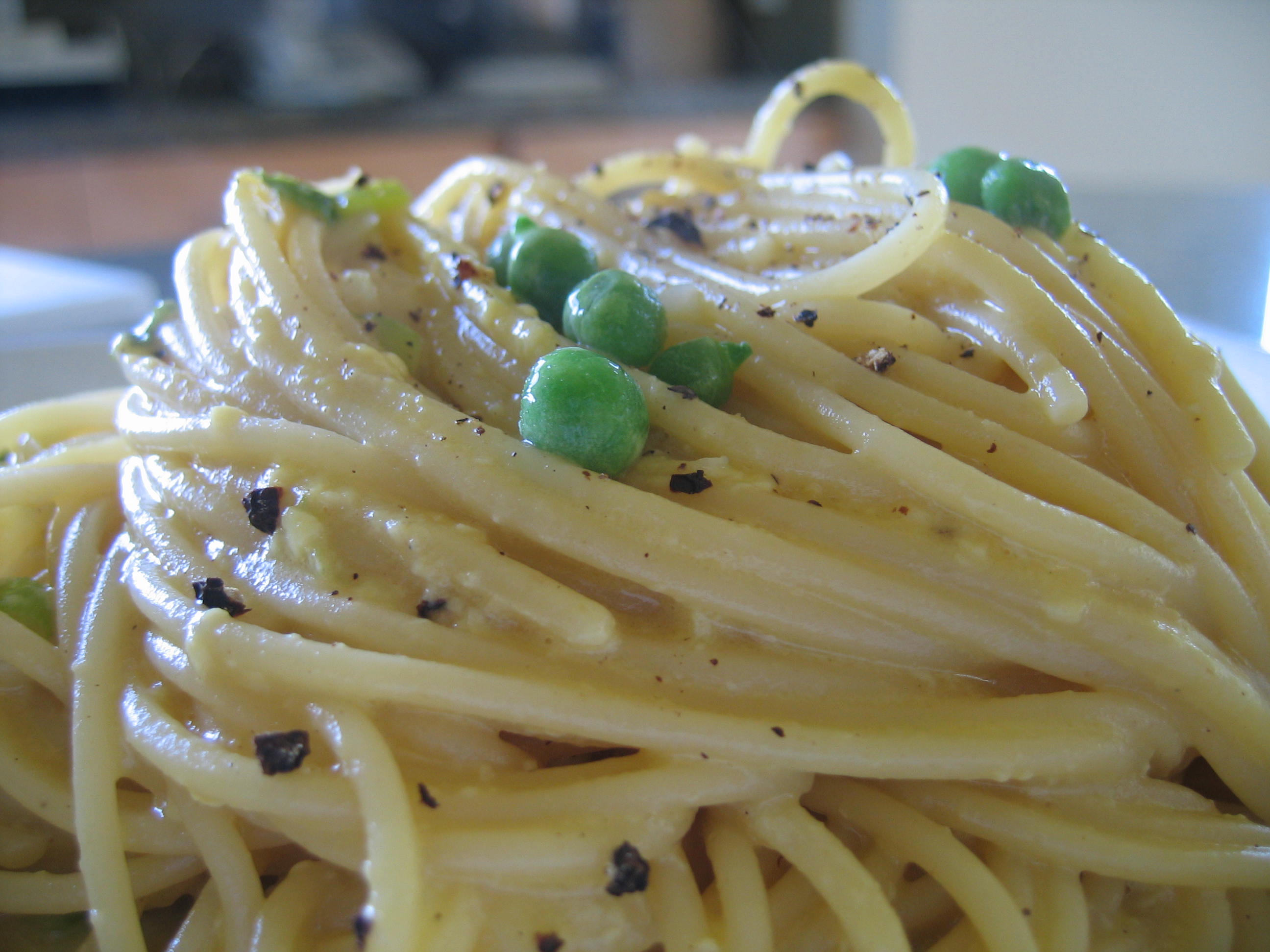 Lisa’s (Somewhat) Vegetarian Lemony-Peppery-Spring Pea Pasta Carbonara
