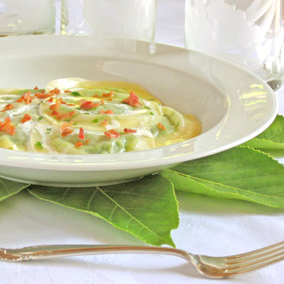 Three "Pea" Ravioli with Rosemary Cream