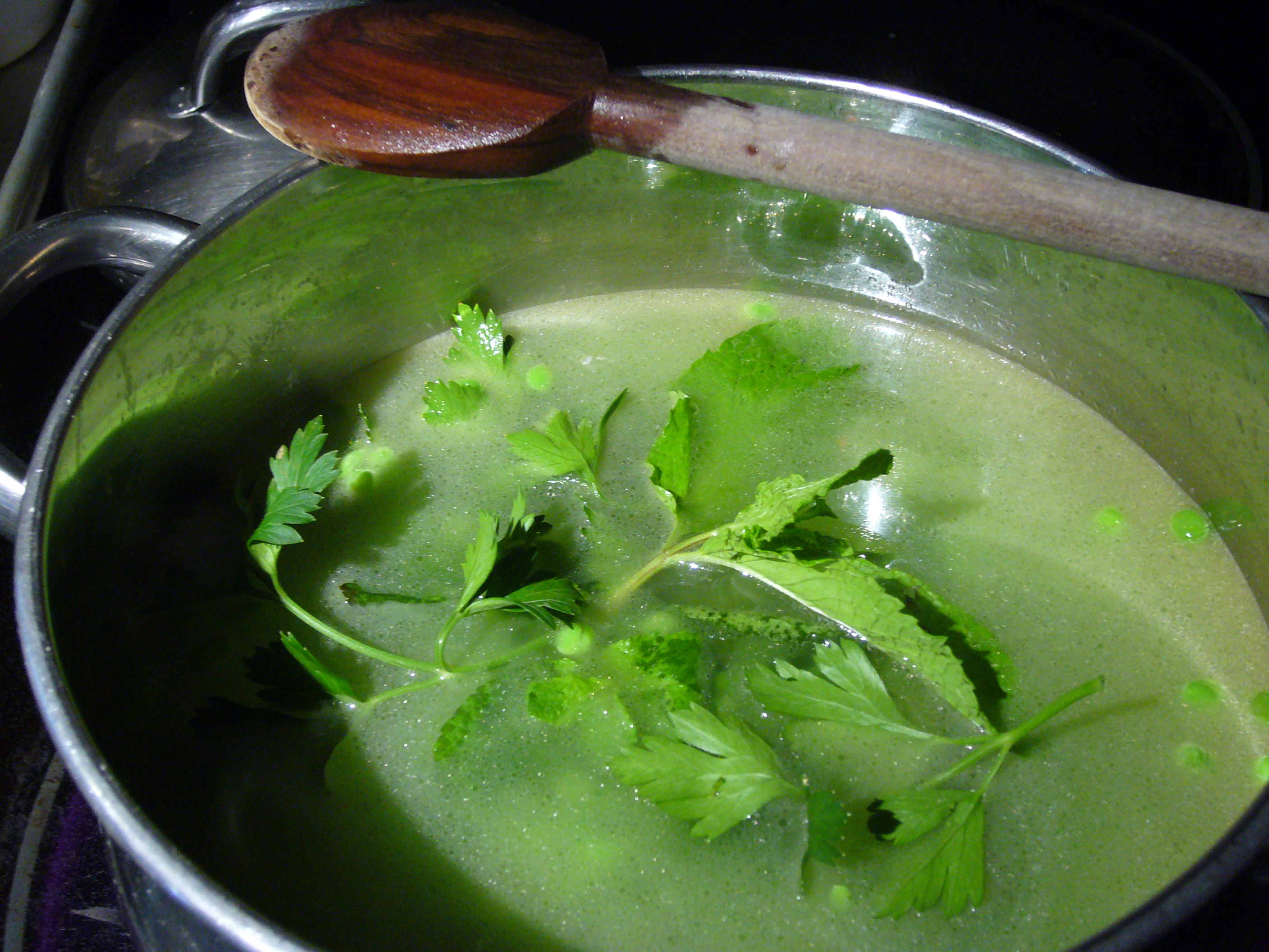 Spring Pea Soup, Garlic Croutons, Lemongrass Cream